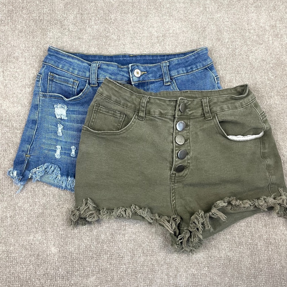 Jeans Shorts Womens Medium Blue Green Denim Cotton Stretch Fringe Hem Lot Of 2